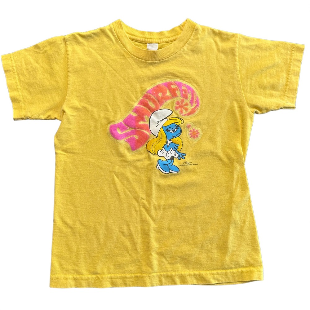 VTG Smurfette Graphic Shirt Yellow Y2K Juniors Glitter Tee Retro Smurfs Festival